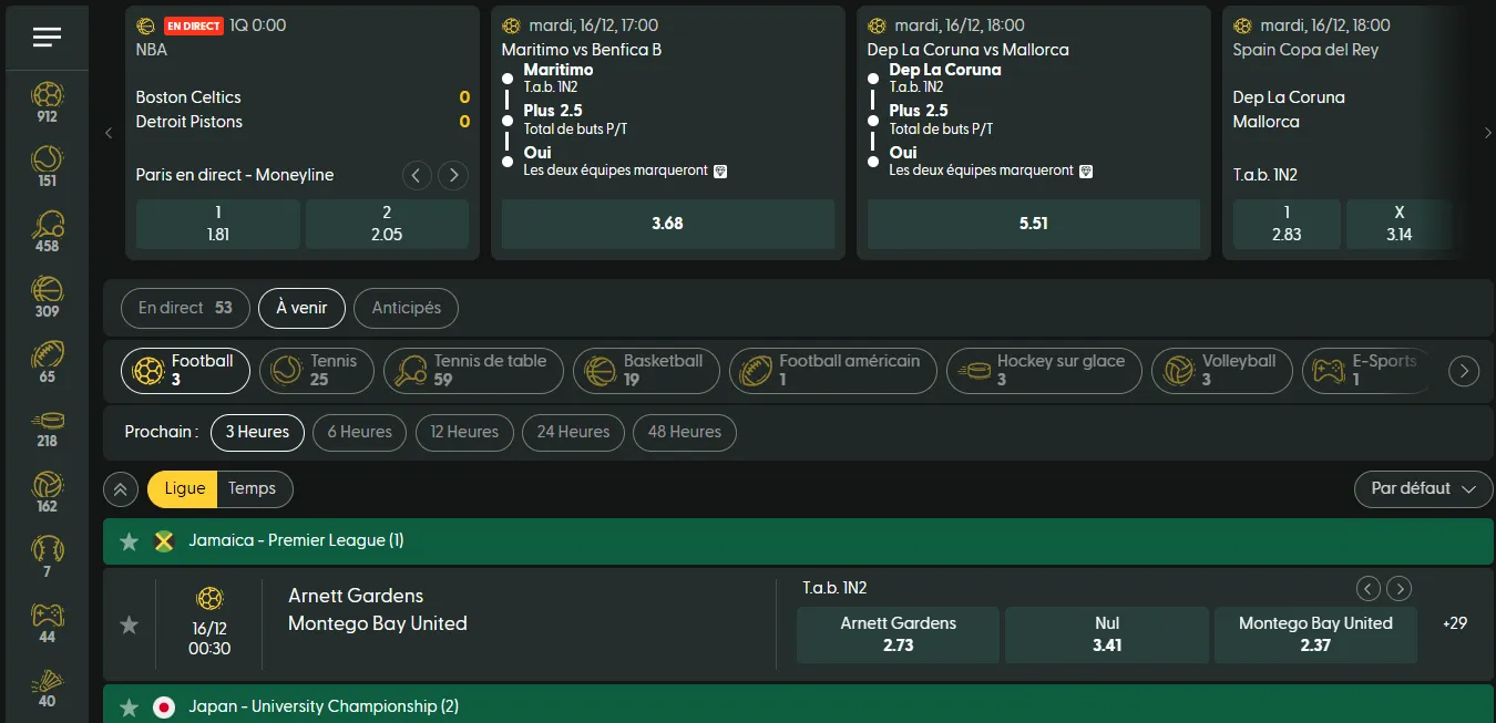 Paris sportifs disponibles au Casinia Casino avec événements en direct