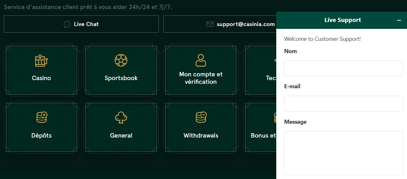 Service client du Casinia Casino disponible 24/7 pour assistance